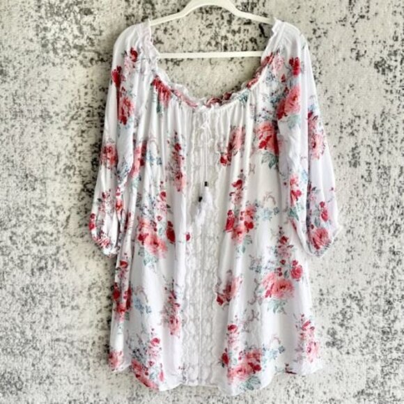 Xhilaration Tunic Dress Size XXL Off the Shoulders White Lace Pink Floral Casual - Picture 1 of 11